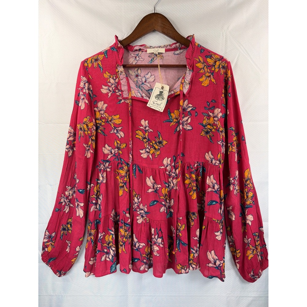 Easel Magenta Floral Tiered Babydoll Blouse Top Long Sleeve Pink ET16944 Small